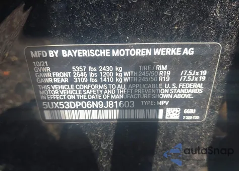 2022 BMW X3 xDrive30I z USA, uszkodzony, nr VIN 5UX53DP06N9J81603